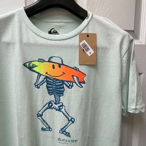 Quicksilver Kid's Size XLarge (18/20) Opal Blue Skeleton Smiley‎ Graphic Tee